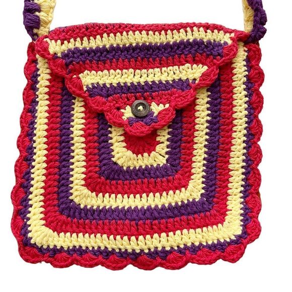 Hand Crafted Granny Square Kids Purse Red Yellow Wood Button Closer Kidcore - Picture 2 of 10